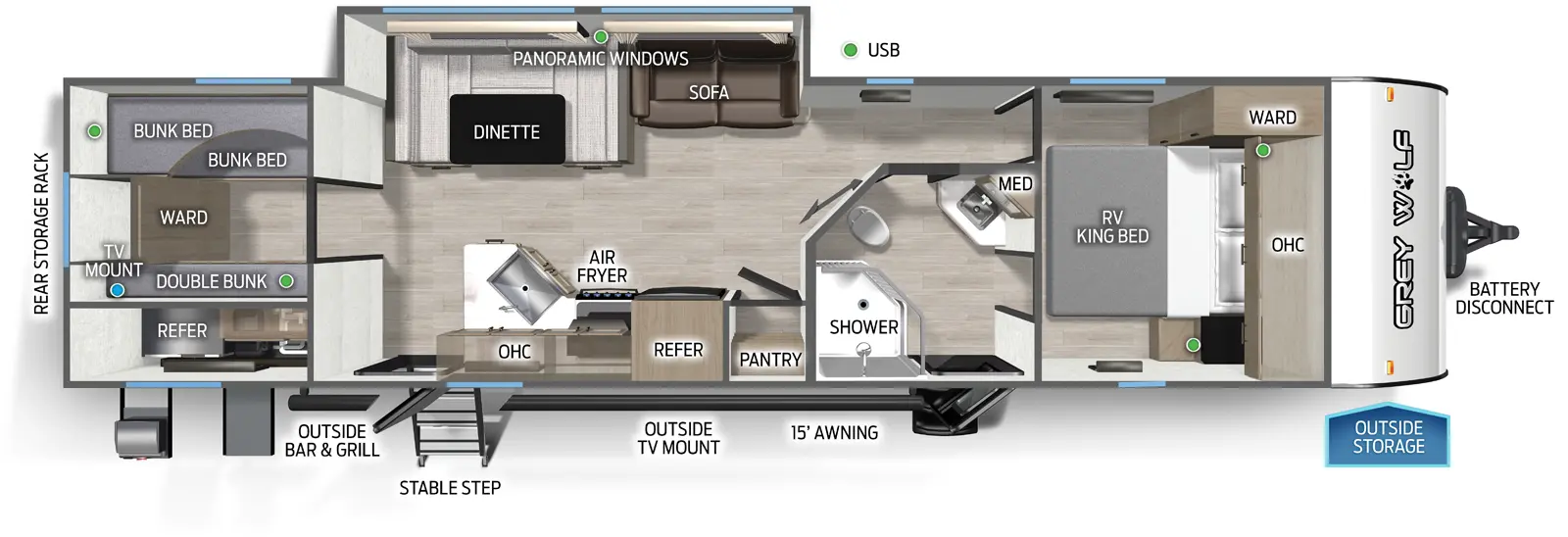 The Grey Wolf 29TE floorplan has two entries and one slide out. Exterior features include: metal exterior, 15' awning and outside kitchen. Interiors features include: bunk beds, u-dinette and front bedroom.